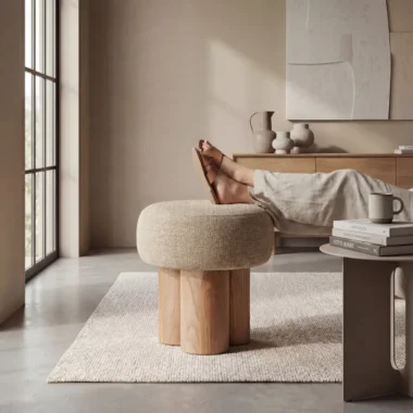 Puff Brivane utilizado como asiento auxiliar con base de cilindros en madera maciza en interior contemporáneo