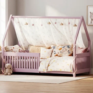 Cama infantil Arielle madera blanca y lila | Homzzy