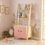 estanteria-infantil-escalera-madera-roble-puertas-rosas-homzzy-talia