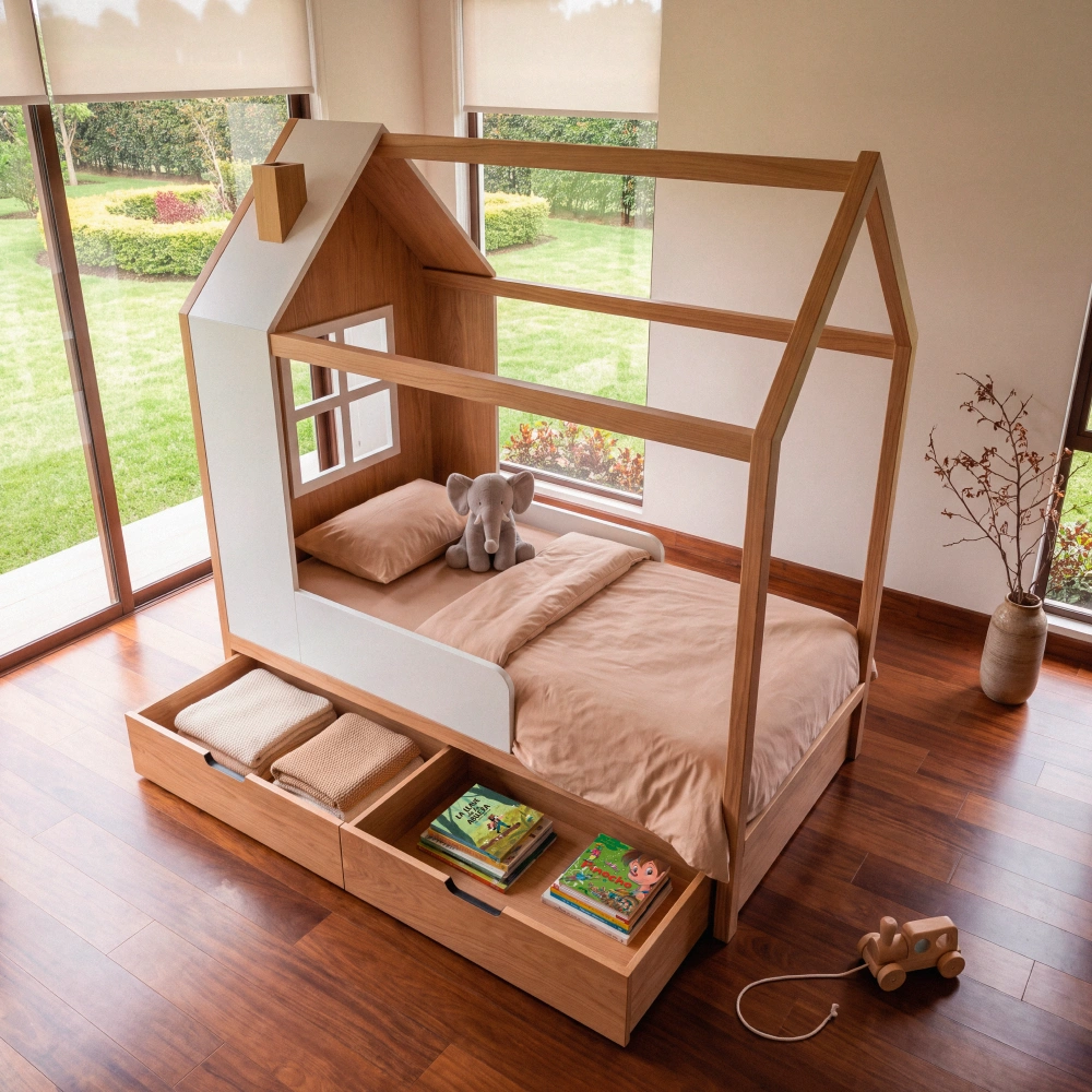 cama casita cajones inferiores almacenamiento homzzy marceau Cajones inferiores de la cama casita Marceau con ropa de cama y libros