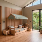 Cama casita Faelle con dosel de tela verde salvia en madera de roble