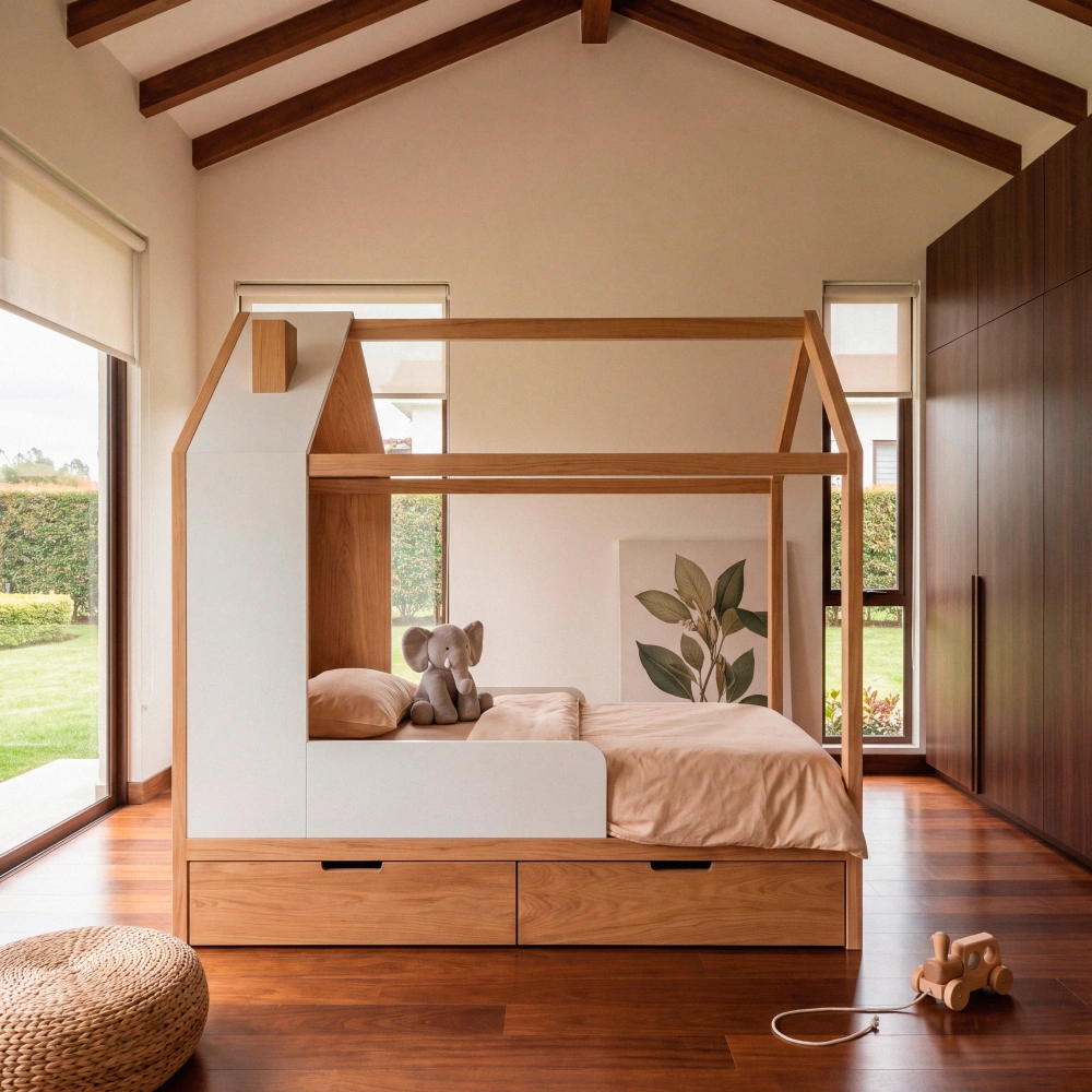 cama casita madera roble blanca dos cajones homzzy marceau Cama casita en madera de roble y blanco con dos cajones inferiores