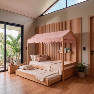 Cama infantil casita con dosel rosa y cama nido inferior extraída