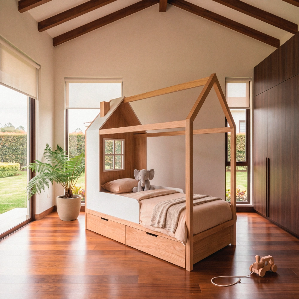 cama infantil casita madera roble ventana homzzy marceau Cama infantil casita en madera de roble con ventana lateral