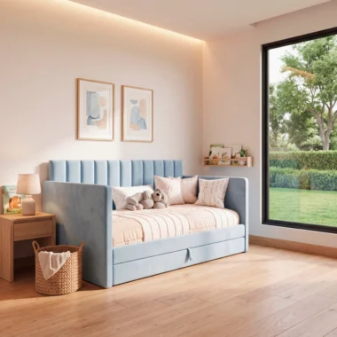 Cama infantil Aveline tapizada en azul claro con cama nido inferior