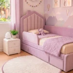 cama infantil terciopelo azul cabecero casita homzzy solenne