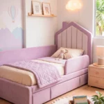 cama infantil terciopelo azul cabecero casita homzzy solenne