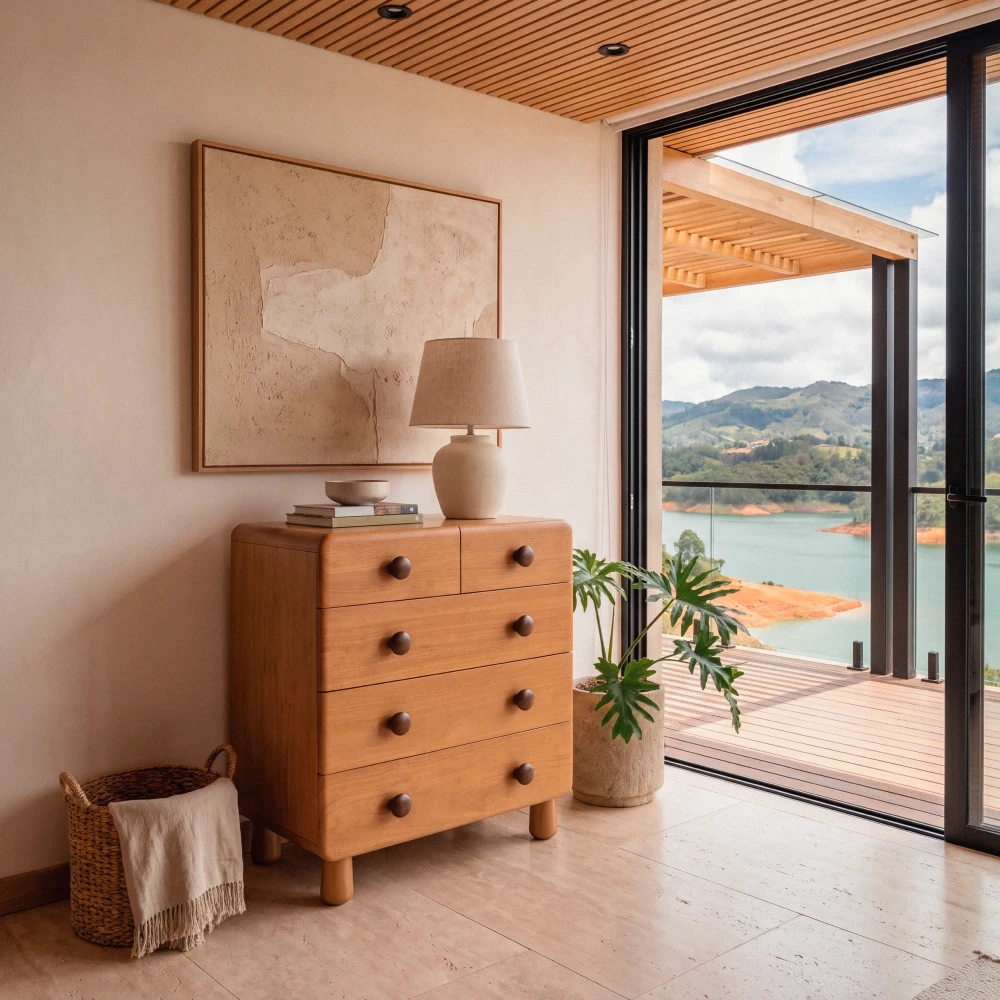 comoda bebe madera roble cajones cuarto nordico homzzy corvin Cómoda de bebé en madera de roble en un cuarto nórdico con vista al lago