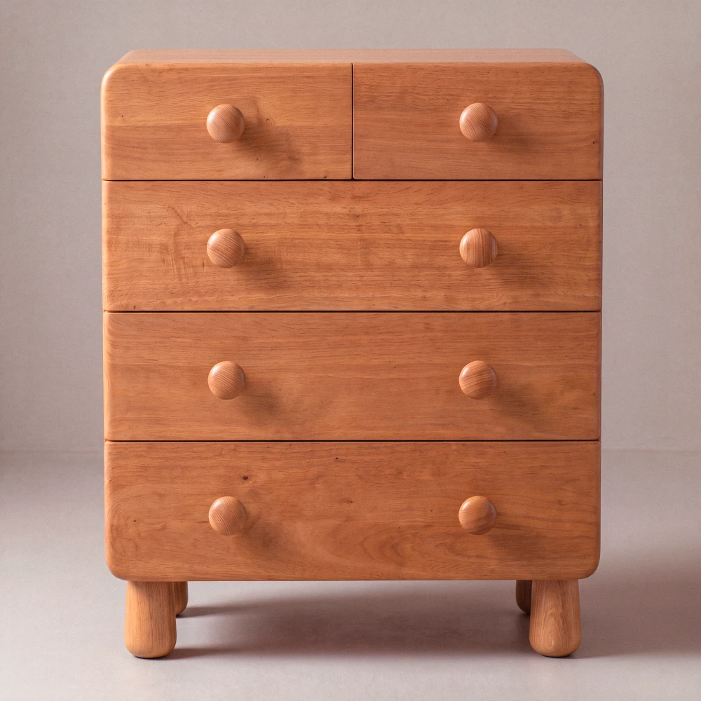 comoda infantil madera roble 5 cajones vista frontal homzzy corvin Vista frontal de la cómoda Corvin de cinco cajones en madera de roble