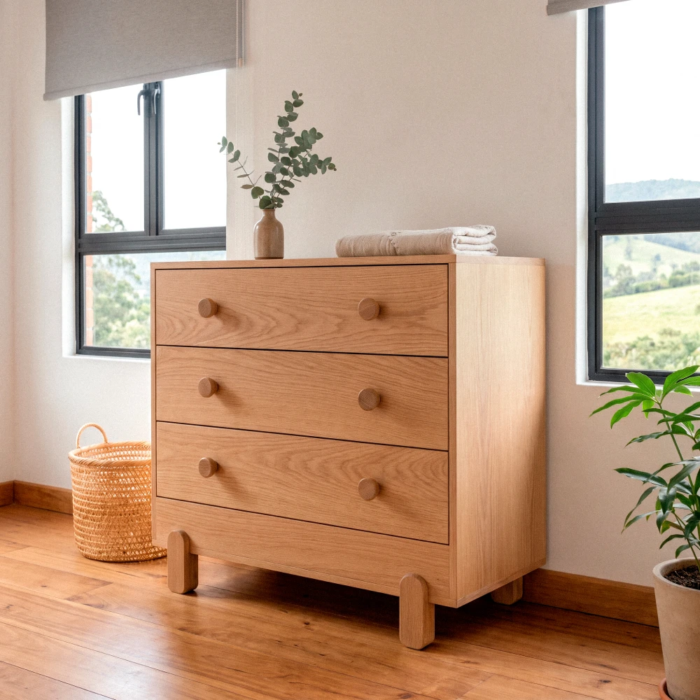 Cómoda de bebé Liselle en roble natural con tres cajones en cuarto de Cómoda de bebé Liselle en roble natural con tres cajones en cuarto de estilo nórdico