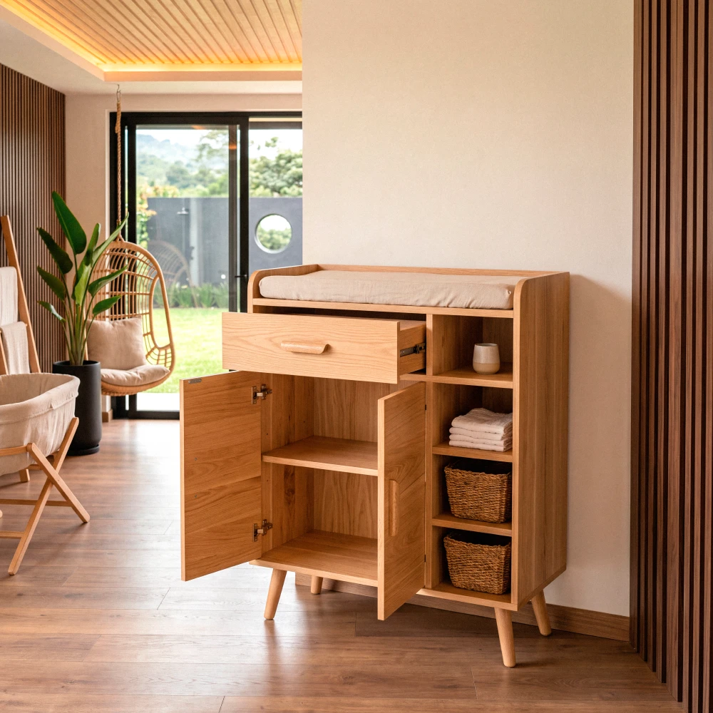 comoda bebe puertas abiertas entrepano cajon homzzy wexford Cómoda de bebé con las puertas y el cajón abiertos, mostrando el entrepaño interior