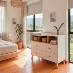 Cómoda cambiador Marnie de cuatro cajones y nichos abiertos en blanco