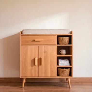 Cómoda Wexford con cambiador, cajón, puertas y cuatro nichos abiertos en madera de roble