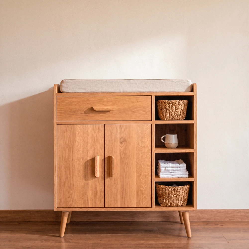 comoda cambiador bebe nichos abiertos madera roble homzzy wexford Cómoda Wexford con cambiador, cajón, puertas y cuatro nichos abiertos en madera de roble