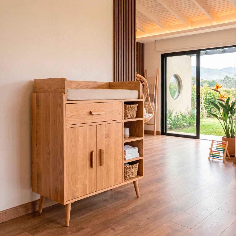 comoda cambiador madera roble cuarto bebe luminoso homzzy wexford Cómoda con cambiador en madera de roble en un cuarto de bebé luminoso