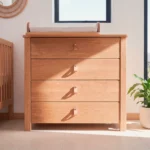 Cómoda cambiador Halvor en madera de roble con manijas de cuero, junto