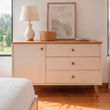Cómoda infantil Mireille bicolor con puerta y tres cajones, tapa en madera de roble