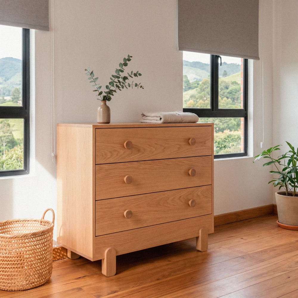 Cómoda infantil Liselle en madera de roble en cuarto de bebé con luz n Cómoda infantil Liselle en madera de roble en cuarto de bebé con luz natural