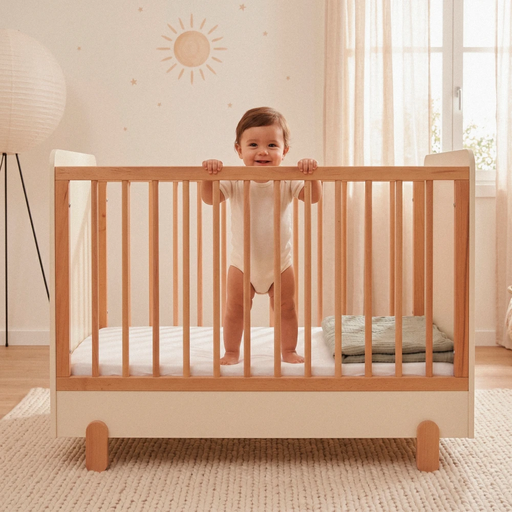 cuna bebe bicolor madera roble barandas altas homzzy somnia Bebé de pie dentro de la cuna Somnia bicolor con barandas altas de seguridad
