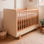 Cuna Somnia bicolor en madera de roble y blanco con barrotes en un cuarto de bebé