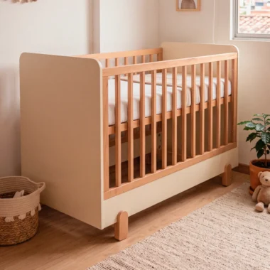Cuna Somnia bicolor en madera de roble y blanco con barrotes en un cuarto de bebé