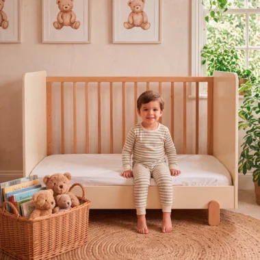 Cuna convertible en cama infantil bicolor con la baranda frontal retirada