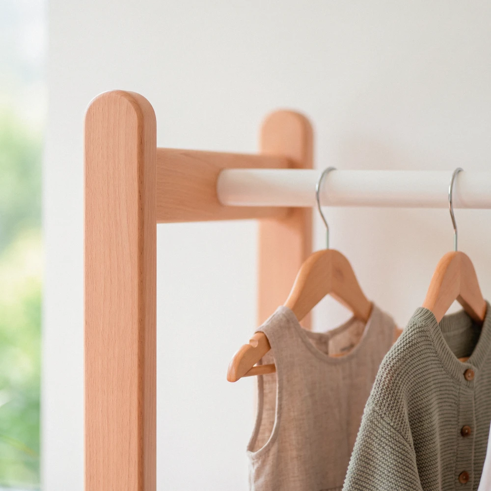 Detalle de la barra colgadora en madera de roble de la cómoda infantil Detalle de la barra colgadora en madera de roble de la cómoda infantil Marlow con ropa de bebé